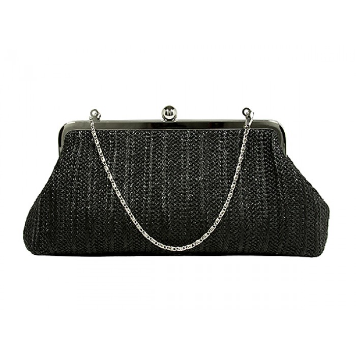 Evening Bag - Braided Straw Like w/ Metal Frame - Black - BG-92069B